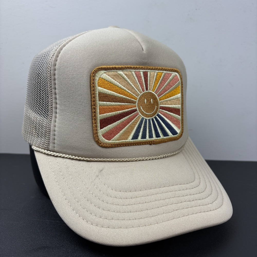 Friday Feelin Happy Sun Patch Trucker Hat Tan Beige Retro Smiley Snapback Cap
